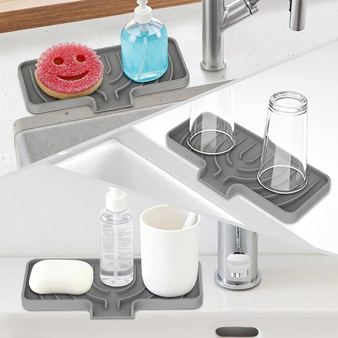 GUUKIN Sponge Holder for Kitchen Sink, 9.8"×4.9" Scrub Daddy Holder, Silicone Sponge Holder, Soap Tray with Drain, Suitable for Kitchens & Bathrooms (Grey)