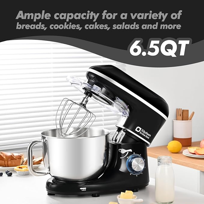 Kitchen in the box Stand Mixer, 6.5QT 660W Kitchen Electric Mixer, 6-Speed Tilt-Head Food Mixer with Dough Hook, Wire Whip and Beater (Black)
