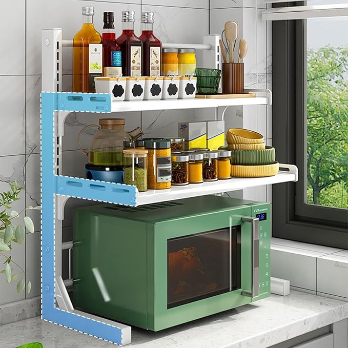 2-Tier Heavy Duty Expandable Kitchen Shelf - Adjustable Countertop Rack for Utensils & Tableware Storage, Microwave Oven Stand with 6 Hooks for Seasoning & Rice Cooker, White