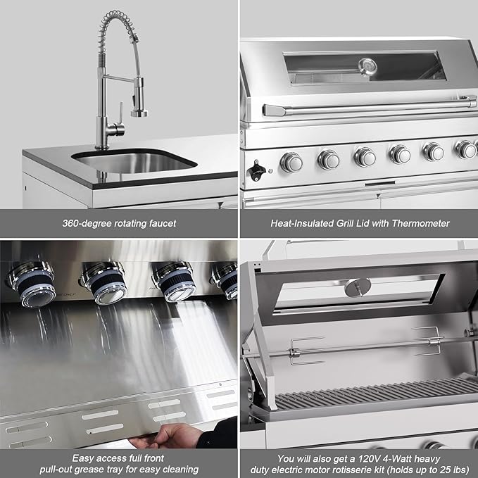 Outdoor Kitchen Island, 82 Inch 85000 BTU Gas Grill Combination With Refrigerator and Sink, Outdoor Stainless Steel Barbecue Bar,Natural Gas Barbecue Grill for Patios, Gardens, Parties