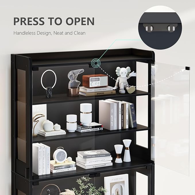 Glass Display Cabinet 69''H with LED Lights, 5-Tier Showcase with Drawers, Collectible Figure Display Case, Freestanding Curio Cabinet, Tall Storage Shelves, Black, 27.6''W
