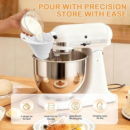 Silicone Foldable Flour Funnel for Kitchen Aid Mixer,Easy Pour No-Mess Attachment,Anti-Splash Accessory,Fits Tilt-Head 4.5–7 Qt (KSM151),Durable Dishwasher-Safe Baking Tool(White)