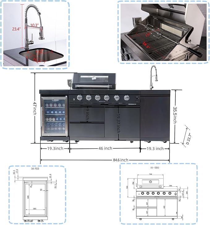 Outdoor Kitchen Island, 84.6 Inch 72000 BTU Gas Grill Combination With Refrigerator and Sink, Outdoor Stainless Steel Barbecue Bar, Natural Gas Barbecue Grill for Patios, Gardens, Parties