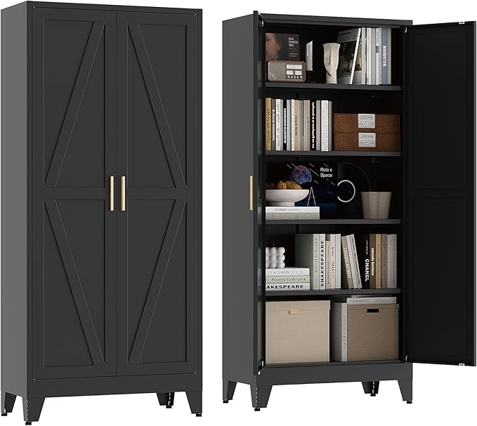 71" Tall Pantry Cabinet, White Metal Pantry Storage Cabinet, Kitchen Pantry Storage Cabinets with 2 Door and 4 Adjustable Shelves (Black, 71" H)
