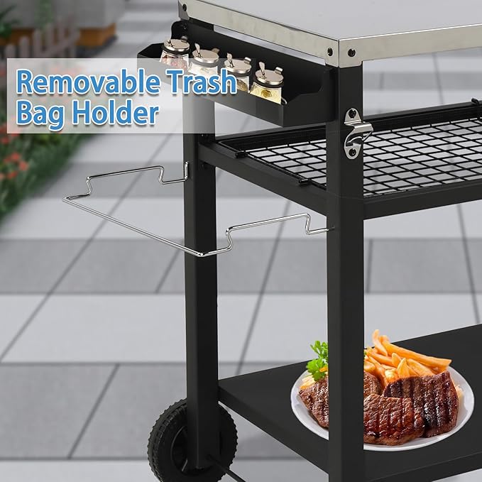 ROVSUN Gourmet Rolling Grill Cart Table with Double-Shelf, Stainless Steel Tabletop, Hooks, Side Handle, Pizza Oven Cart for Camping, Party, Tailgating, and Outdoor Cooking, Portable, Black and Silver