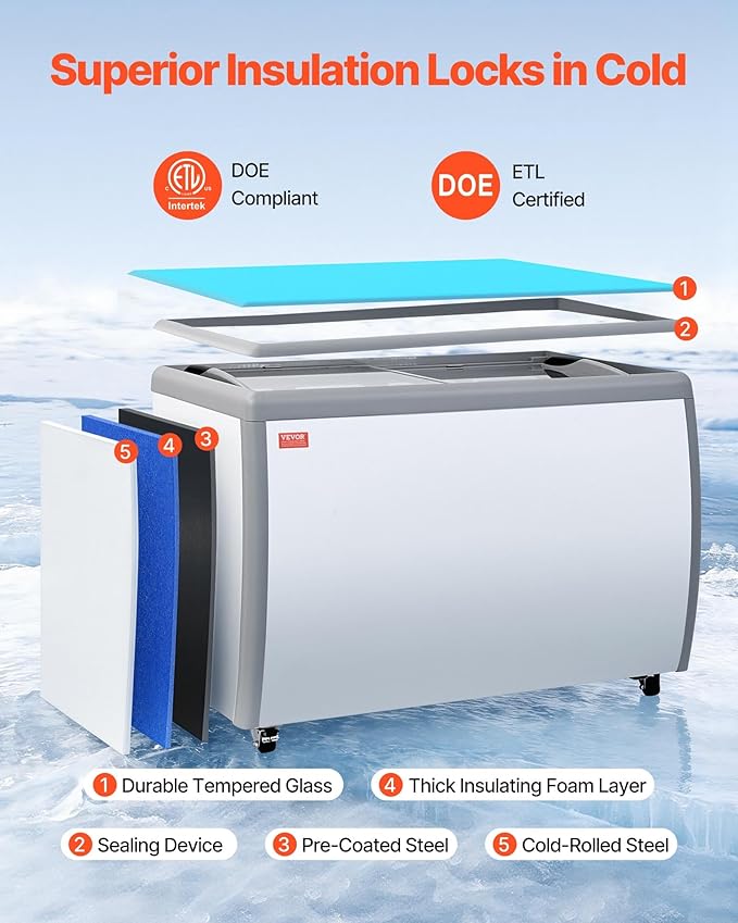 VEVOR Commercial Ice Cream Display Case, 13.1 Cu.ft Chest Freezer, Restaurant Gelato Dipping Cabinet Top Deep Freezer with Locking Casters, Sliding Glass Door, LED Lighting, Hold 8 Ice Cream Tubs