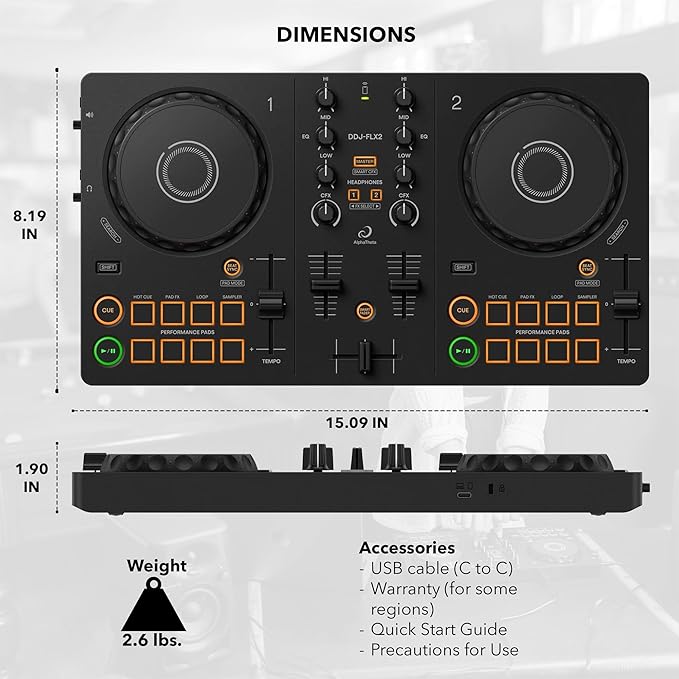 Pioneer DJ AlphaTheta DDJ-FLX2 Compact 2-Channel DJ Controller Bundle with Case, Instrument Cable, and Austin Bazaar Polishing Cloth