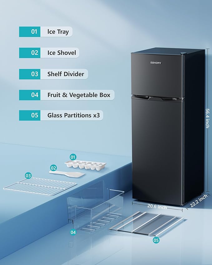 EUHOMY 7.4 Cu.Ft. Refrigerator with Freezer, 2 Door Fridge, Large Capacity,Adjustable Thermostat, Refrigerator for Kitchen/Dorm/Apartment/Garage - Food Storage or Cooling drinks, Black