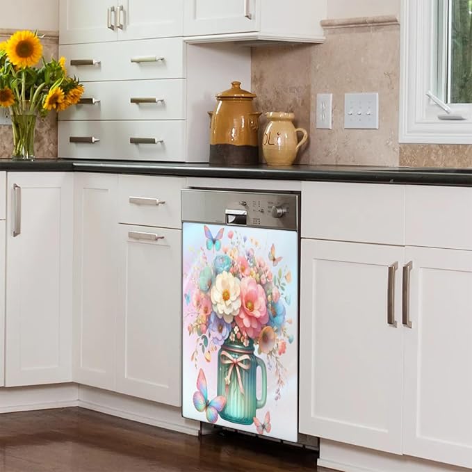 Flower Butterfly Dishwasher Magnet Cover for The Front Dishwasher Door Cover Panel Decals Magnetic Refrigerator Cover for Kitchen Farmhouse Home Decor 23 X 26 in