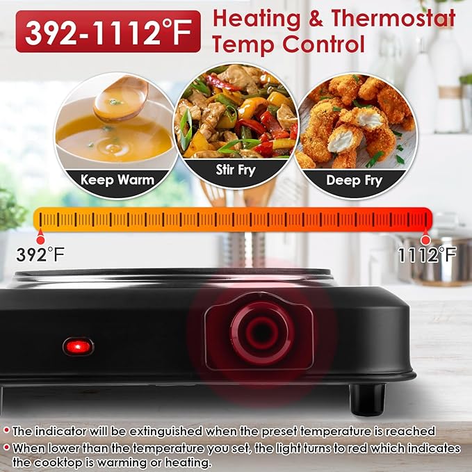 2000W Double Burner Electric, Portable Hot Plate for Cooking, Cooking Stove with 5 Temperature Adjustments, Countertop Burner Cooktop for Kitchen, Dorm (Black, 10x11x4")