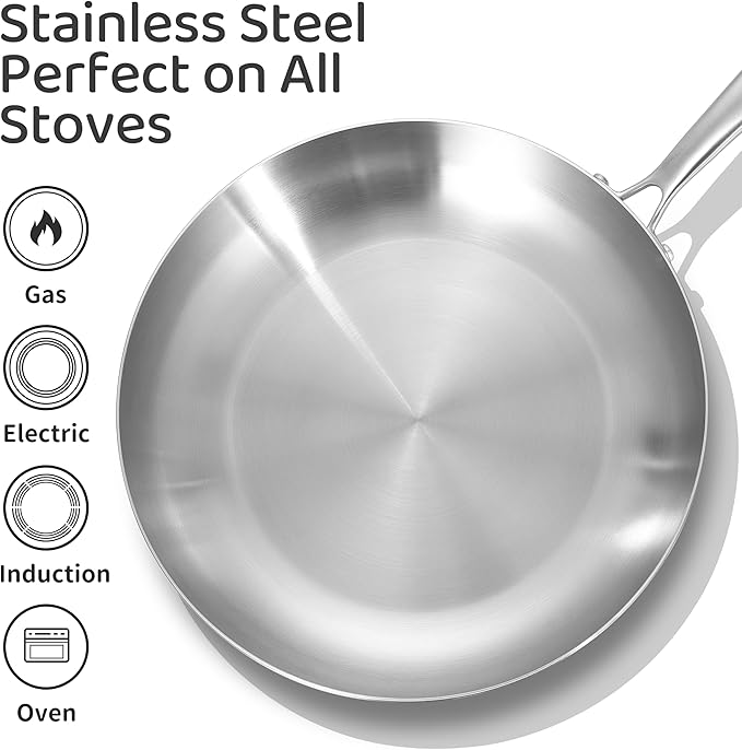 LOLYKITCH Tri-Ply Stainless Steel Frying Pan Set, 3-Piece (8+10+12 Inch) Stainless Steel Cookware, Induction Compatible Skillets for All Stovetops, Dishwasher Safe Pans