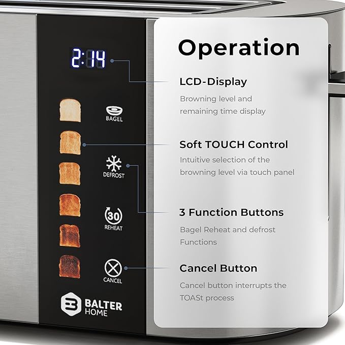 Toaster 4 Slice Wide Slot, Bagel Function, Long Slot, Stainless Steel, Touch Screen, Built-in Rack, Extra-Wide 1.5" Slots for Thick Breads & Bagel, Timer, BPA-Free, 6 Levels, Removable Tray