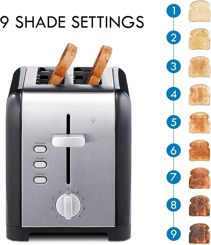Kenmore toaster 2 slice - extra wide slot countertop kitchen appliance, defrost function, tostador de pan, 9 shade settings, compact design, easy clean crumb tray, bread bagel, stainless steel & Black