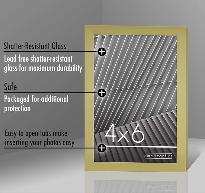 Americanflat 4x6 Picture Frame with Shatter-Resistant Glass - Streamline Collection - Thin Border Photo Frame for Tabletop and Wall Display - Hanging Hardware and Easel Stand Included - Gold