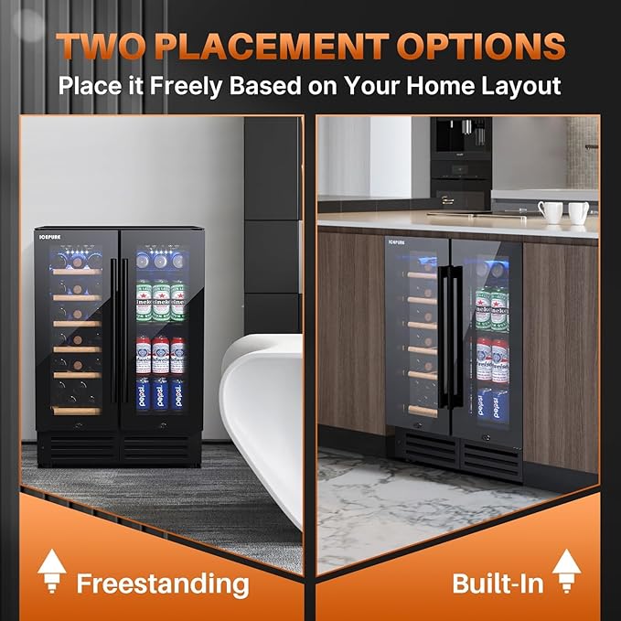 ICEPURE Wine and Beverage Refrigerator 24 Inch, Dual Zone Wine and Beverage Cooler with Glass Door, Freestanding or Built-In Wine Fridge Under Counter Lockable, Hold 19 Bottles and 58 Cans, Dark Black