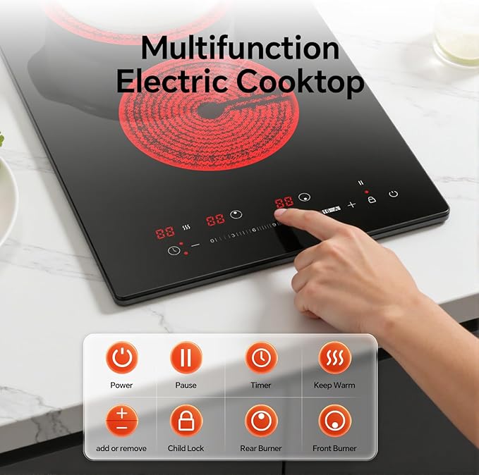 Ranein Electric Cooktop with 2 Burners, 12 inch 3000W 240V Ceramic Panel Electric Cooktop, Multiple Safety Protections Stove, Touch Screen