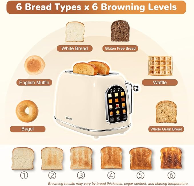 Mecity Toaster 2 Slice, Touch Screen Wide Slot Retro Toaster For Breads Bagel Muffin Waffle, House Warming Gift New Home, 120V 825W, Cream Color