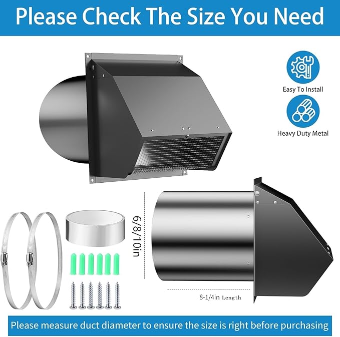 8 Inch Hooded Wall Vent with Screen and Damper,Wall Exhaust Vent Cover Cap,Dryer Vent Cover Outside,External Extractor Wall Vent Hood for House Kitchen Range Hood Air Ventilation Black