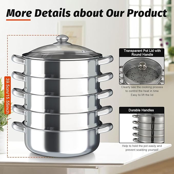 5-Tier Food Steamer Pot for Cooking, Stainless Steel Steamer Pot with Transparent Lid, Stackable Steaming Pots Steam Cooker Cookware for Dumpling Seafood, Compatible with Gas/induction Stove (11.81in Diameter)