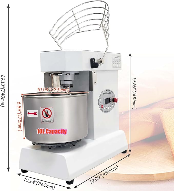 INTSUPERMA Commercial Dough Mixer Machine 10 L Capacity Electric Food Mixer with Double Action Double Speed 10 QT Spiral Mixer for Schools Bakeries Restaurants Pizzerias 110V 550W
