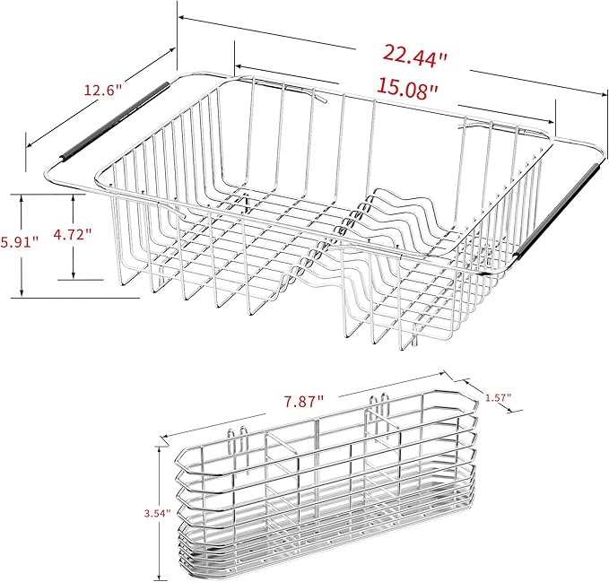 JAQ Dish Drying Rack in-Sink, 304 Stainless Steel Dish Drainer with Stainless Steel Silverware Holder Over Inside Sink-Adjustable 15.08" to 22.4" Maximium 13 Upright Dishes
