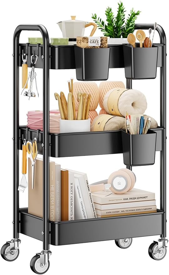 YASONIC 3 Tier Rolling Cart - Metal Utility Cart with Wheels, Hanging Cups, Hooks, Heavy Duty Mesh Rolling Storage Cart Organizer, Craft Cart for Kitchen Office, Lightweight and Sturdy