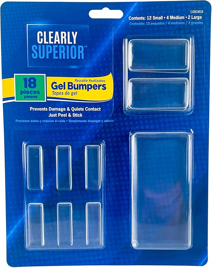 Gel Bumpers - Rectangle Variety Pack of 18 Small, Medium & Large – Low Profile - Protects Surfaces & Quiets Contact - Prevents Damage to Walls, Furniture, Appliances. - Peel & Stick
