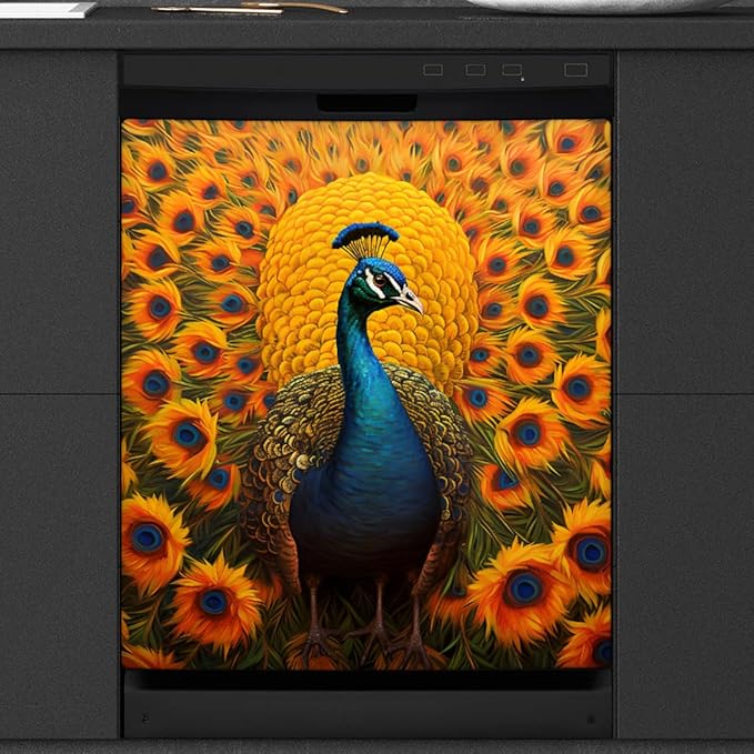 Peacock Sunflower Bright Dishwasher Magnet Cover, Reusable Refrigerator Panel Stickers Microwave Front Door Covers Magnets for Kitchen Home Appliances Holiday Party Decorations 23 X 26 in