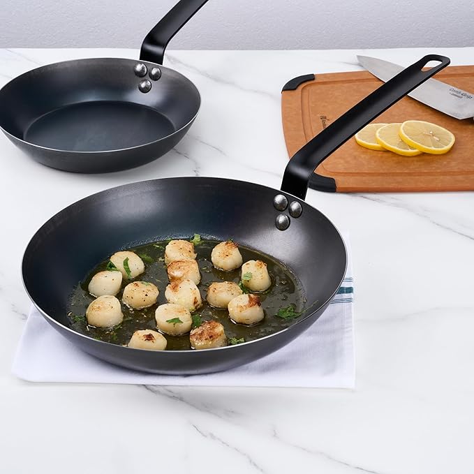 Met Lux 11 Inch Fry Pan, 1 Lightweight Frying Pan - Induction-Ready, Triple-Riveted, Black Carbon Steel Cooking Skillet, Durable, For Searing, Sauteing, And Browning Food - Restaurantware