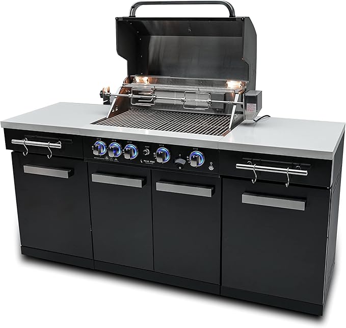 Mont Alpi Premium 70"W x 24"D Black Stainless Steel Compact Outdoor Kitchen Island with Access Doors + 32"W 4-Burner BBQ Grill with Infrared Rear Burner + Storage Cabinets + White Granite Countertops