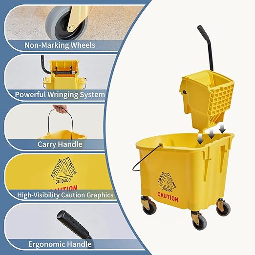 DUMOS 38-Quart Commercial Mop Bucket with Side-Press Wringer, Heavy-Duty Floor Cleaning System, Durable Wringer & Non-Marking Casters, Yellow