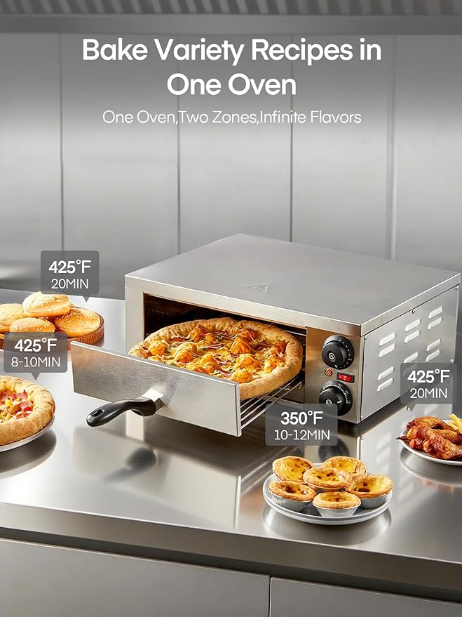 Commercial Pizza Oven, 12 Inch Pizza Oven Indoor with 662°F Max Temp, Electric Pizza Cooker with Alert Timer, 1800W Stainless Steel Pizza-Maker Machine, for Restaurant, Home, Party, Silver