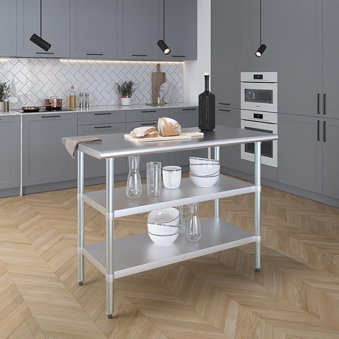 AmGood Stainless Steel Work Table with 2 Shelves | NSF | Metal Utility Table (48" Long x 24" Deep)