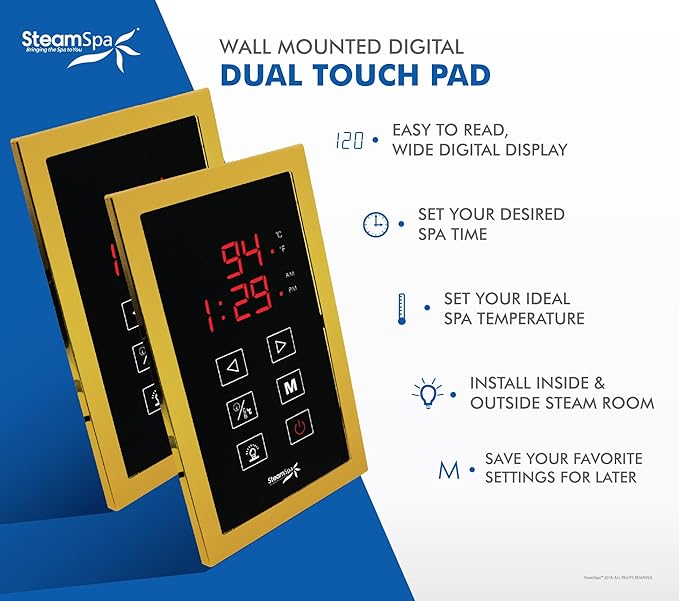 SteamSpa Executive 9 KW QuickStart ACU-Steam Bath Generator Package with Built-in Auto Drain and Install Kit in Polished Gold | Steam Generator Kit with Dual Control Panel Steamhead 240V | EXT900GD-A