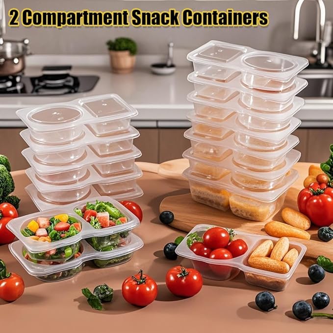 Reusable Snack Containers & Snack Pack Containers – 2 Compartment Meal Prep Containers with Lids, Double Condiment Containers, Portable Snackle Box (10 Set)