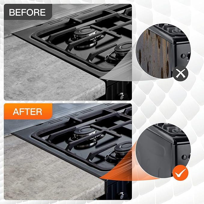 Stove Gap Covers, 25.6" Long & 0.4" Wide Stove Counter Side Gap Guards, Oven Gap Filler with Aluminum, Heat Resistant and Easy to Clean, Range Trim Kit, Left and Right 2 PCS(Black)