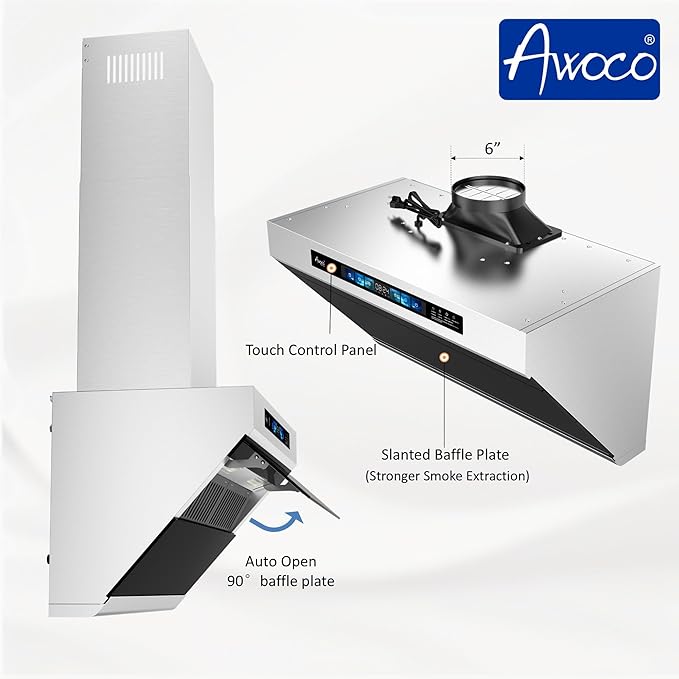Awoco 30" Wall Mount Range Hood, Side-Draft Design, 4 Speeds Exhaust Fan with 800 CFM, Voice, Gesture, Touch & Remote Control, 6" Vent, Dimmable LED Light Bars, Adjustable Chimney up to 39"