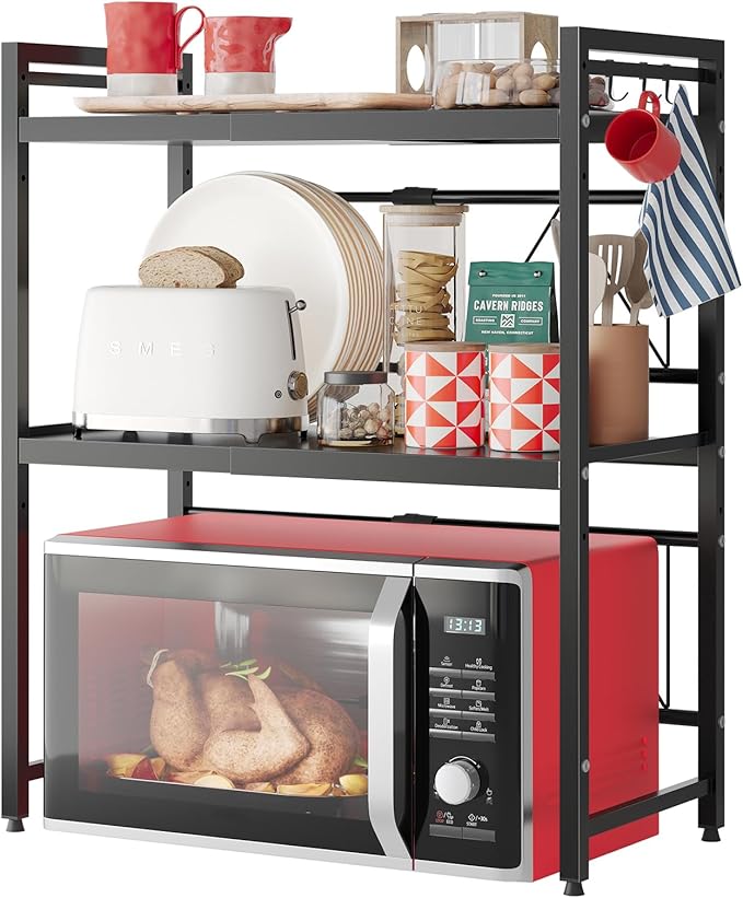 NETEL Expandable Microwave Stand,3 Tier Metal Kitchen Countertop Organizer Shelves with 8 Hooks,Bakers Rack,Microwave Shelf,Microwave Oven Rack,110lbs Weight Capacity