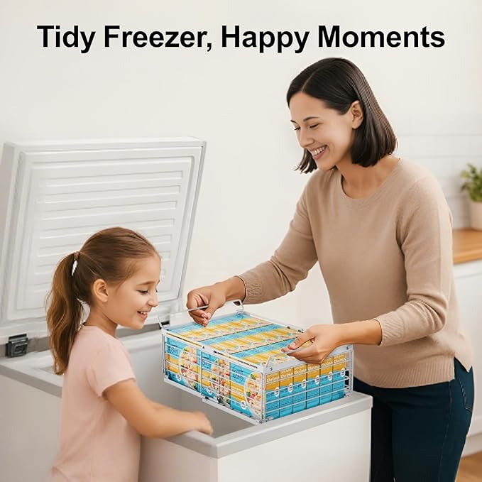iSPECLE 4 Pack Freezer Organizer Bins, Adjustable Wire Baskets for 10 to 20 Cu.Ft Chest Freezer, Stackable Storage with Handles, Deep Freeze Organizer for Meat & Vegetables, White