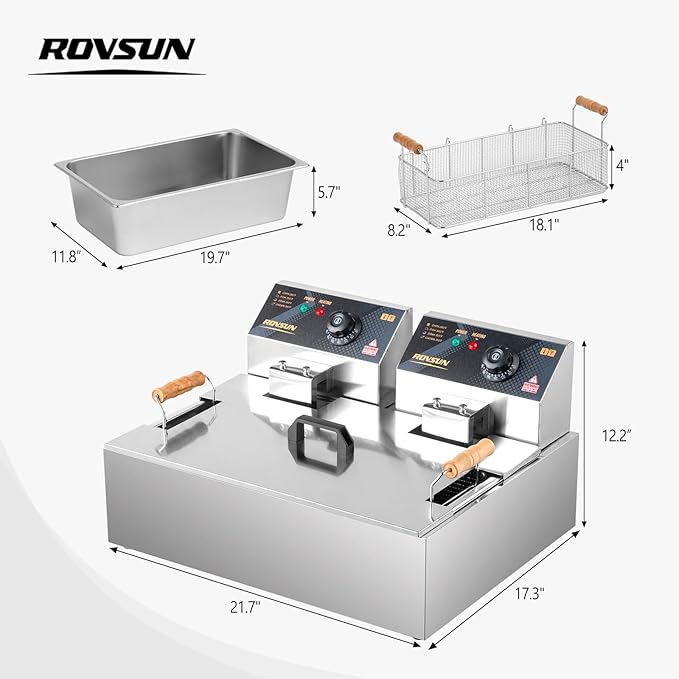 ROVSUN 23.8Qt Electric Deep Fryer with Basket, Lid & Adjustable Temp, Commercial Deep Fryer Countertop, Stainless Steel Kitchen Fat Fryer Frying Machine for French Fries Turkey Onion Rings 5000W