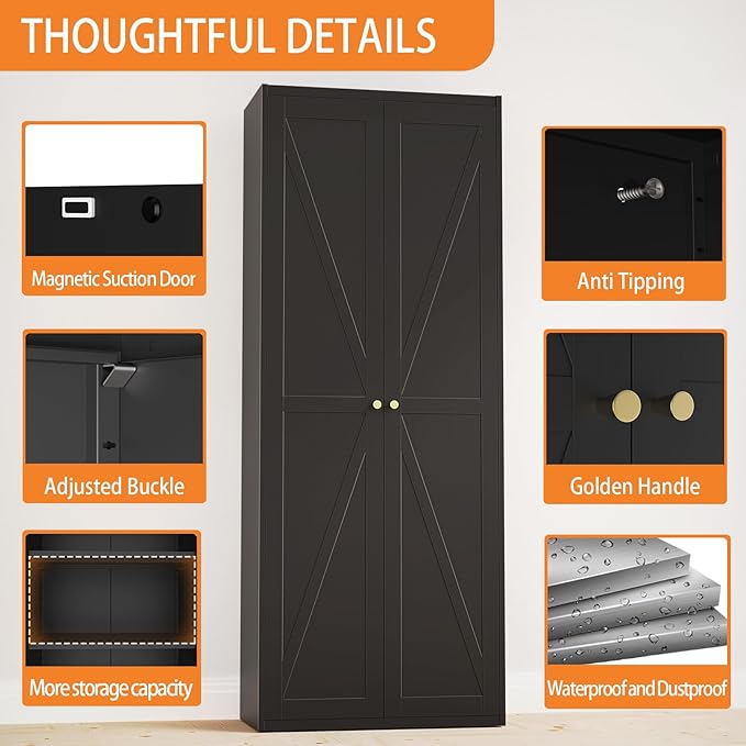 Food Pantry Cabinet, 71" Kitchen Pantry Storage Cabinets with Doors and Adjustable Shelves, Metal Hutch Cabinet with Storage for Kitchen, Living Room, Dining Room, Black
