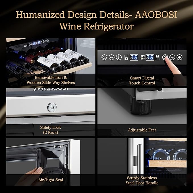 AAOBOSI 24 Inch Dual Zone Wine Fridge, 154 Bottles Wine Cooler Refrigerator，40-65°F Wine Refrigerator with 2 Glass Door，Built-in or Freestanding Fridge for Restaurant, Club, Lounge