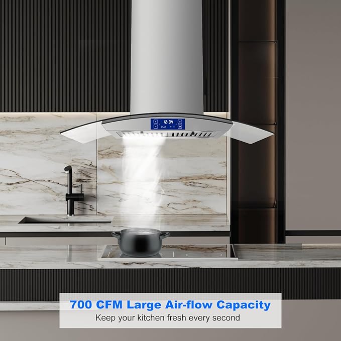 36 Inch Island Range Hood 700CFM Gesture & Touch Control Ceiling Mount Stainless Steel Ducted/Ductless Convertible, Ceiling Mount Vent Hood, Baffle Filter Exhaust Fan Extractor