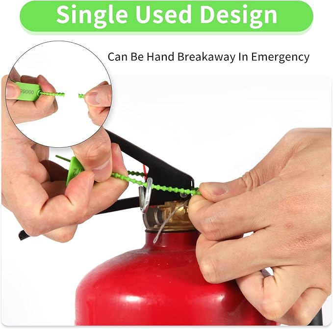 100 Plastic Tamper Seals Fire Extinguisher Tags Numbered Zip Ties Pull Tite Security Tags Disposable Self-Locking Safety Ties (Green)
