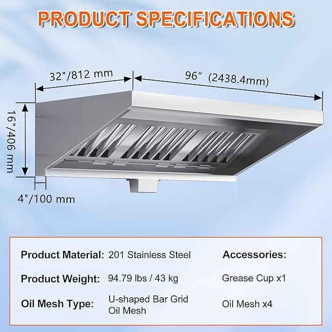 Commercial Exhaust Hood 8 FT Stainless Steel Concession Trailer Hood(No Motor) for Commercial Kitchen