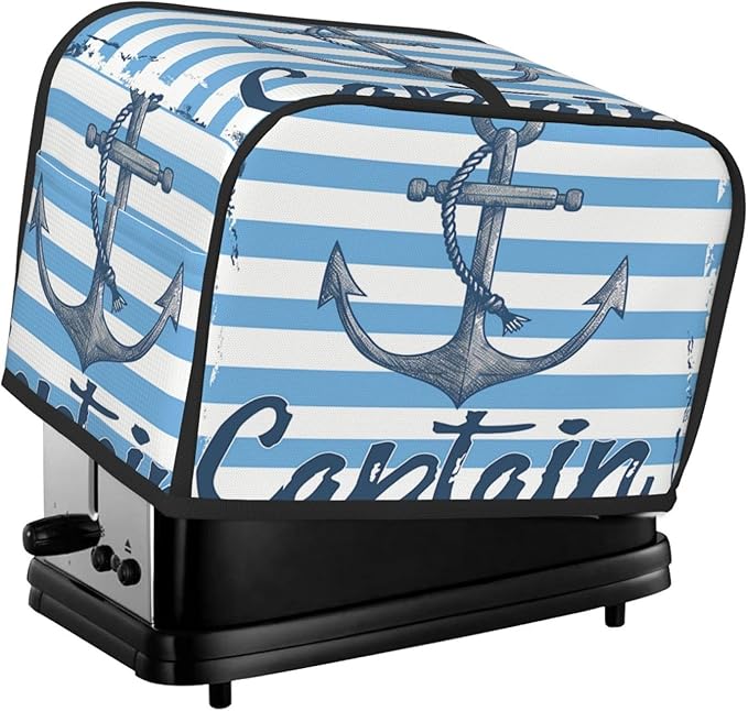 Toaster Cover 2 Slice with Pockets, Nautical Anchor Blue White Geometric Strip Kitchen Accessories Decor Bread Maker Oven Protector Covers Dust Proof Fingerprint Covers