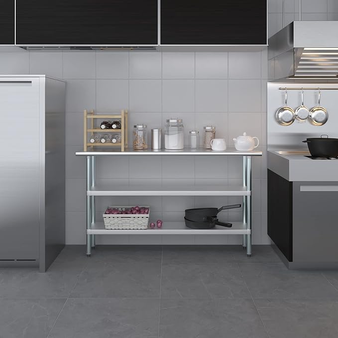 AmGood Stainless Steel Work Table with 2 Shelves | NSF | Metal Utility Table (60" Long x 14" Deep)