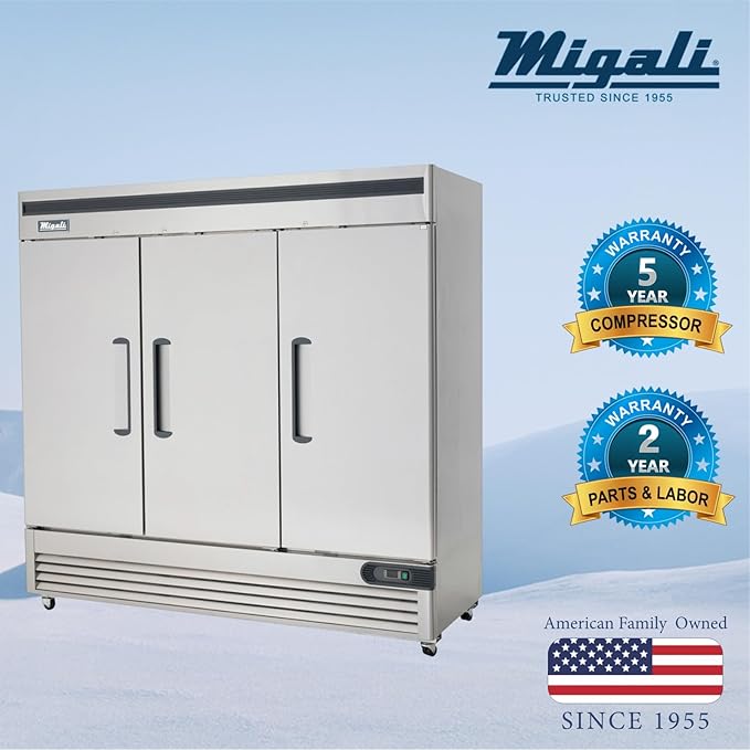 Migali C-3RB-HC Three Door Reach-In Refrigerator, 72 cu/ft, Stainless Steel Interior and Exterior, Auto Defrost, Digital Temperature Display, Door Locks