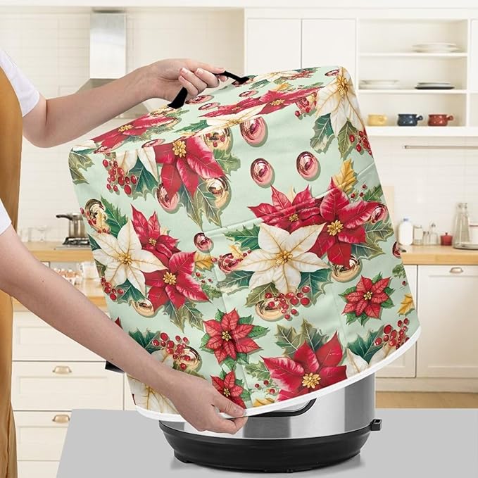 Christmas Flower Dust Cover for Kitchen Instant Pot Accessories Appliance Cover Quart Pressure Cooker Air Fryer Rice Cooker Kitchen Appliance Dust Covers with Storage Pockets Size M