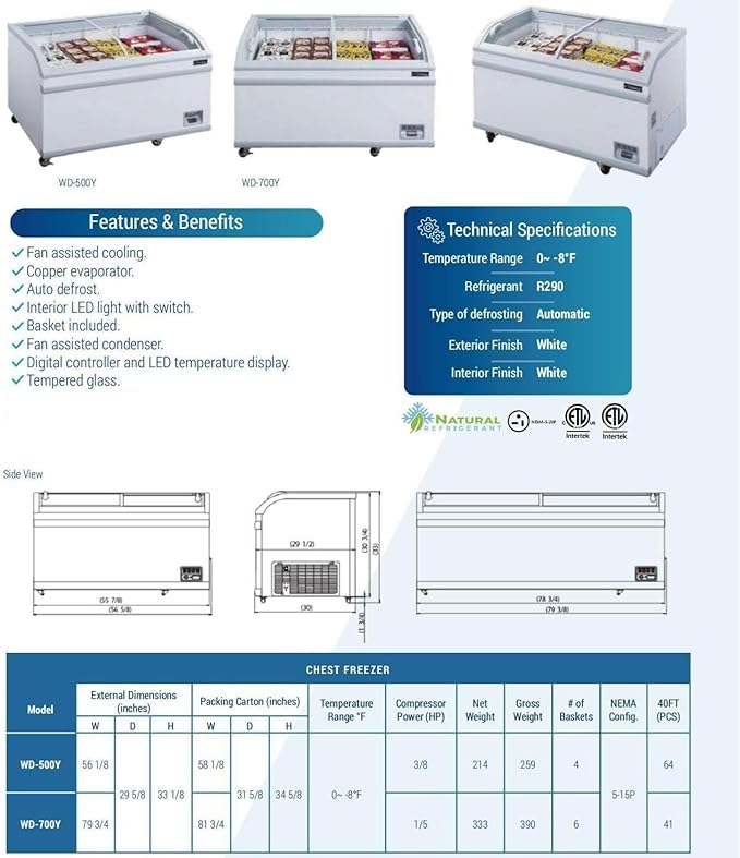 Chest Freezer for Supermarket Glass sliding Door 58" White Showcase Freezer Curve Display Top w/Storage Baskets - 18 Cu.Ft SDSC500